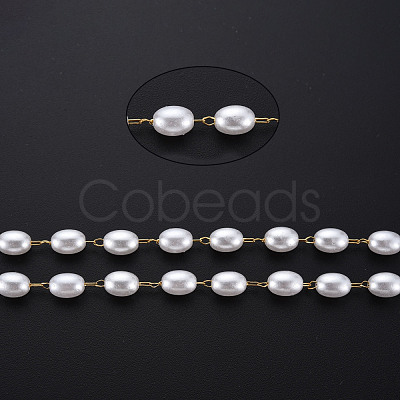 304 Stainless Steel & ABS Plastic Imitation Pearl Beaded Chains CHS-S008-015G-1