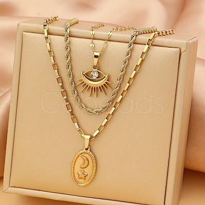 304 Stainless Steel Crystak Rhinestone Eye Pendant 3 Layer Necklaces for Women FS-WG3B4D3-07-1