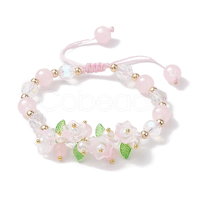 Flower Glass & Acrylic Braided Bead Adjustable Bracelets for Women BJEW-JB10446-05-1