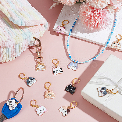 12Pcs 12 Styles Cat Shape Alloy Pendant Locking Stitch Markers with Brass Leverback Findings Clasps Stitch Marker HJEW-PH02053-1