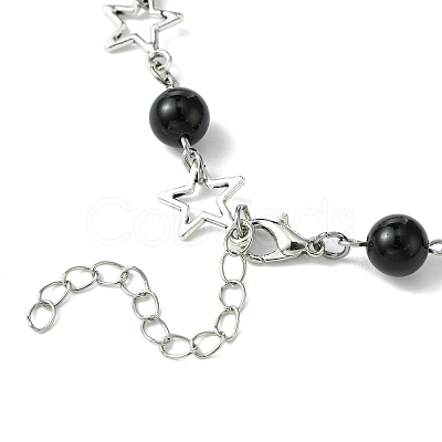 Star Alloy & Round Natural Eyeless Obsidian Link Chain Necklaces for Women NJEW-JN05135-1