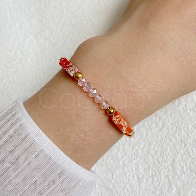 Dyed Synthetic Imperial Jasper Cuboid & Faceted Rondelle Dyed White Jade & Round Brass Beaded Stretch Bracelets QY8342-9-1