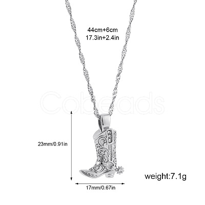304 Stainless Steel Micro Pave Clear Cubic Zirconia Embossed Cowboy Boot Pendant Necklaces FS-WGF88B1-02-1