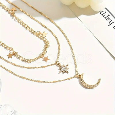 Moon Star Alloy Crystal Rhinestone Pendant 3 Layer Necklaces for Women FS-WG5D7AF-01-1