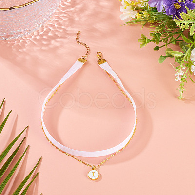Alloy Enamel Letter Pendant Single Face White Velvet Ribbon & Brass Chain Double Layered Choker Necklaces NJEW-TAC0035-1