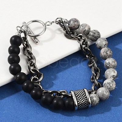 Natural Round Picasso Stone & Frosted Black Bead Bracelets BJEW-M081-01A-1