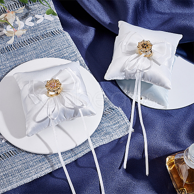 Square Polyester with Plastic Pearl Flower Wedding Finger Ring Display Pillow RDIS-WH0016-24A-1
