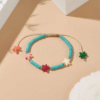 Dyed Synthetic Turquoise(Dyed) Heishi Beaded Bracelets with Dyed Synthetic Coral Starfish BJEW-JB09194-01-1