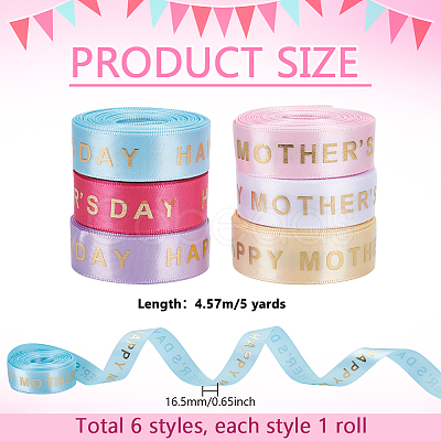 6 Rolls 6 Colors Gold Stamping Happy Mother's Day Polyester Printed Ribbons OCOR-PH0004-40-1