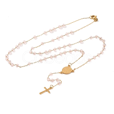 Ion Plating(IP) Crucifix Cross 304 Stainless Steel Rosary Bead Necklaces NJEW-M075-04G-04-1
