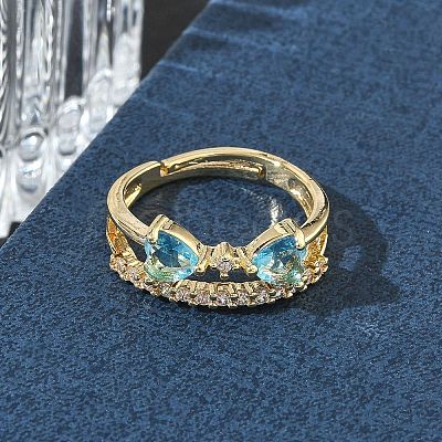 Adjustable Bowknot Shape Brass & Light Blue Cubic Zirconia Finger Rings CU-CBA7E55-07G-1