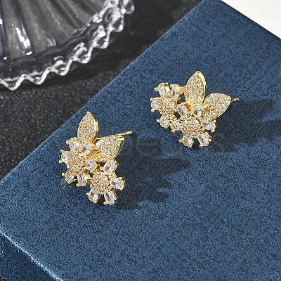 Floral Leaf Brass & Clear Marquise and Round Cut Cubic Zirconia Stud Earrings KK-CBA36A2-09G-1