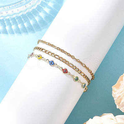304 Stainless Steel Cable Chains & Evil Eye Lampwork Link Chains Bracelets for Women BJEW-JB12449-01-1
