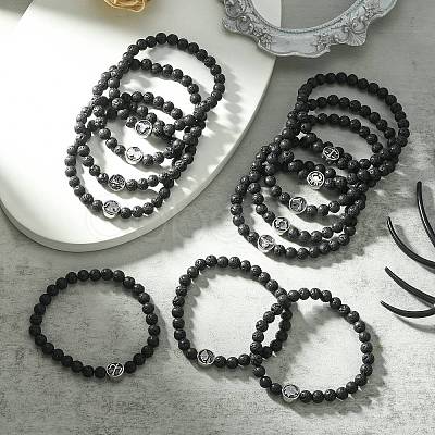 12Pcs 12 Style Twelve Constellations 304 Stainless Steel & Natural Lava Rock Beaded Stretch Bracelets Set BJEW-JB09463-1