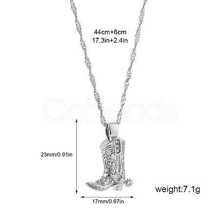 304 Stainless Steel Micro Pave Clear Cubic Zirconia Embossed Cowboy Boot Pendant Necklaces FS-WGF88B1-02-1