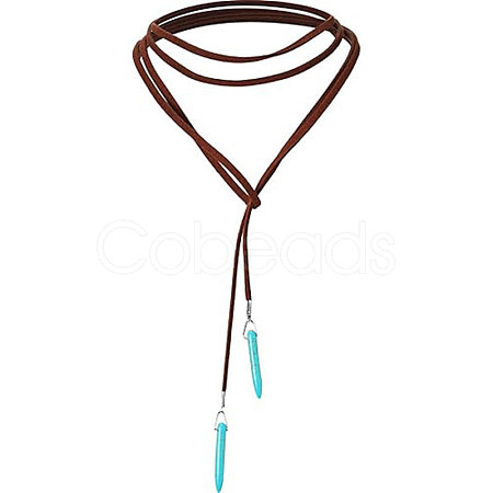 Bohemian Alloy & Synthetic Turquoise Pointed Bullet Shaped Pendant PU Leather Cord Lariat Necklaces FS-WG48C4B-01-1