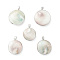 Natural Sea Shell Pendants, Flat Round Charms, with Platinum Plated Brass and Alloy Findings, 33~40.5x29~36.5x8.5~11mm, Hole: 4x6.5mm