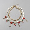 ABS Plastic Imitation Pearl Round Beaded Alloy Heart Cherry Pendant Double Layer Necklaces NJEW-WH0002-217-1