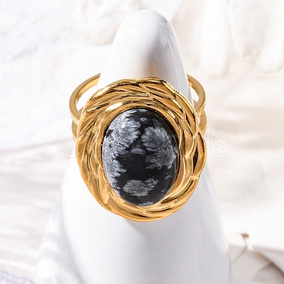 Oval Natural Snowflake Obsidian Finger Rings RJEW-M063-01G-18-1
