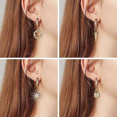 Clear Cubic Zirconia Padlock Drop Huggie Hoop Earrings EJEW-SW00005-06-1