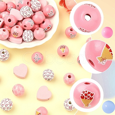 Valentine's Day 60Pcs Element Printed Wood Beads WOOD-YW0001-91-1