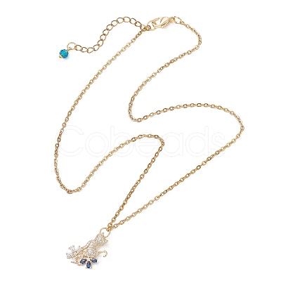 Cat with Flower Brass Pave Blue and Clear Cubic Zirconia Pendant 304 Stainless Steel Cable Chain Necklaces for Women NJEW-JN05715-1