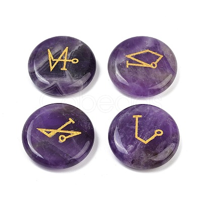 4Pcs 4 Styles Natural Amethyst Flat Round with Angels Symbol Display Decorations G-R007-01E-1