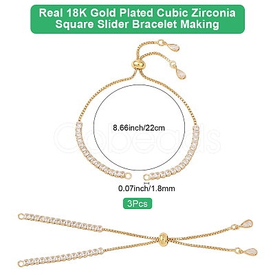 3Pcs Brass Pave Clear Cubic Zirconia Square Slider Bracelet Making BJEW-BBC0001-18-1