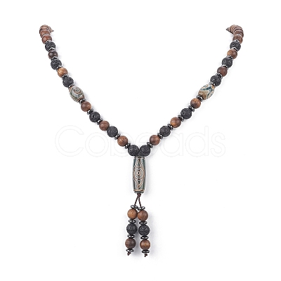 Natural Lava Rock & Synthetic Hematite & Wood Buddhist Necklace NJEW-JN04305-1