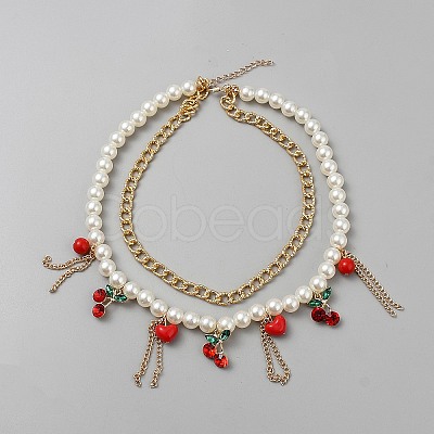 ABS Plastic Imitation Pearl Round Beaded Alloy Heart Cherry Pendant Double Layer Necklaces NJEW-WH0002-217-1