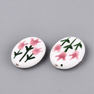 Hand Painted Tulip Flower Oval Porcelain Beads PORC-N012-11B-1