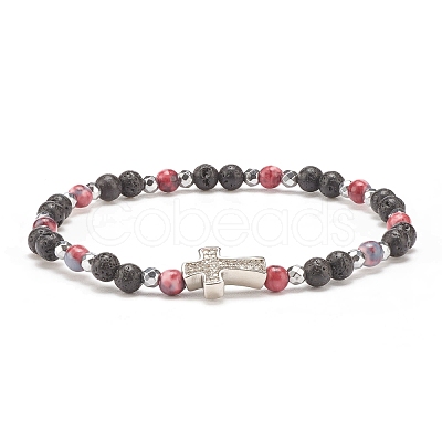 Natural & Synthetic Mixed Gemstone Beaded Stretch Bracelet with Clear Cubic Zirconia Cross for Women BJEW-JB08247-1