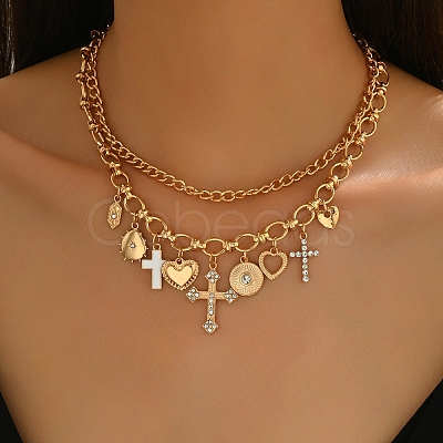 Alloy Crystal Rhinestone and Enamel Cross Heart Multi-Charm Double Layer Necklaces for Women WGEBEB6-01-1