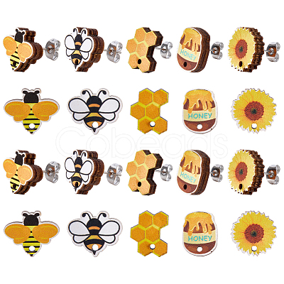 60Pcs 5 Styles Bee Theme Wooden Stud Earrings FIND-SC0020-61-1