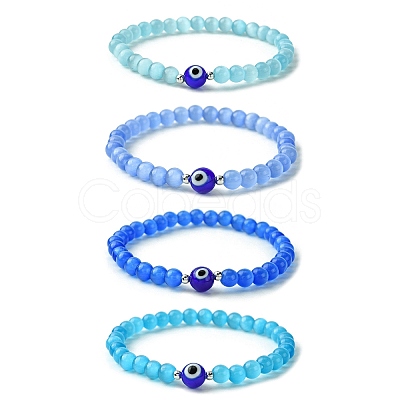 Cat Eye & Evil Eye Lampwork Beaded Stretch Bracelet BJEW-JB09803-1