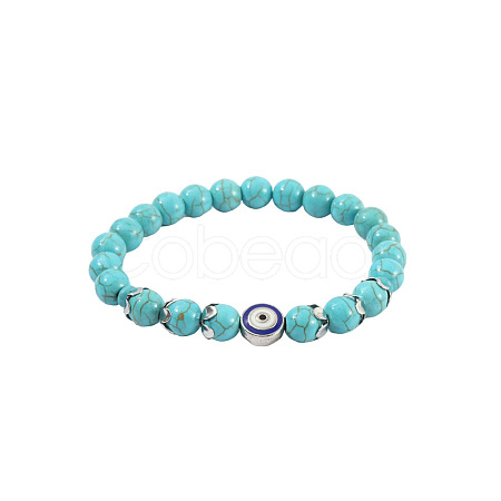 Synthetic Turquoise & Natural Tiger Eye Round Beaded Stretch Bracelets FS-WGB9D7B-02-1