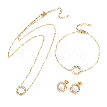Ring PVD Vacuum Plating 304 Stainless Steel Crystal Rhinestone Pendant Necklaces & Bracelets & Stud Earrings Sets for Women SJEW-C004-09G-01-1