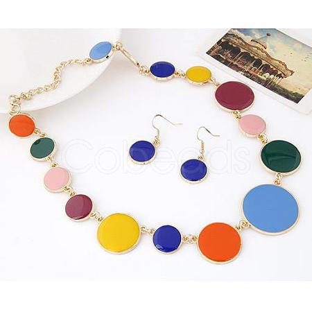 Alloy Enamel Flat Round Link Chain Necklaces & Dangle Earrings Sets for Women FS-WG50978-05-1