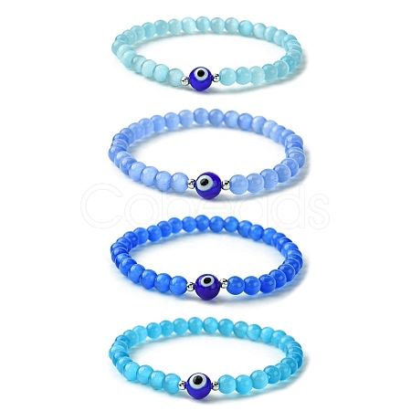 Cat Eye & Evil Eye Lampwork Beaded Stretch Bracelet BJEW-JB09803-1