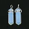 Opalite Double Terminated Pointed Pendants, with Metal Findings, Bullet, Platinum Metal Color, 39~41x10~12x8~10mm, Hole: 4x3mm