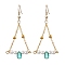 Triangle Iron Chain and Glass Dangle Earrings, Golden, Turquoise, 65x29mm