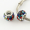 Polymer Clay Rhinestone European Large Hole Beads with Silver Color Plated Brass Cores FPDL-R002-17-1