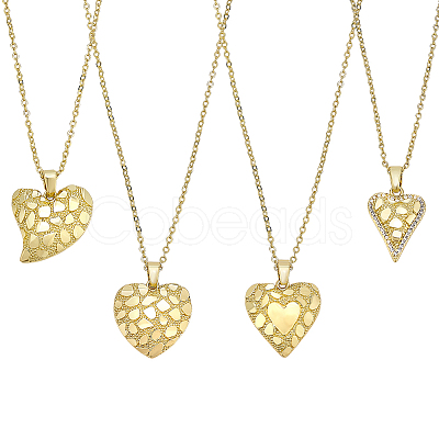 4Pcs 4 Styles Valentine's Day Brass Textured Heart Pendant Cable Chain Necklaces for Women NJEW-PH0001-53-1