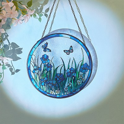Flat Round with Butterfly Glass Hanging Suncatcher HJEW-WH0036-121-1