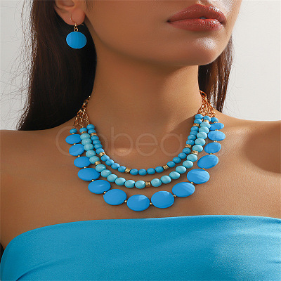 Resin Flat Round & Round Beaded Multilayer Necklaces & Dangle Earrings Sets FS-WGD0E94-02-1