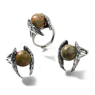 Natural Unakite Wings Adjustable Rings RJEW-K241-04AS-11-1