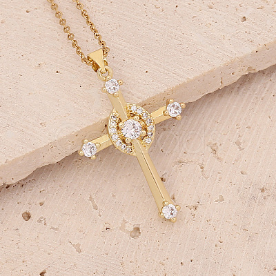Brass Micro Pave Cubic Zirconia Cross Pendant Necklaces FS-WG7675B-04-1