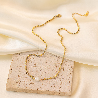 304 Stainless Steel & Natural Freshwater Pearl Potato Link Chain Necklaces for Women FS-WG4D4E4-01-1