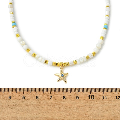 Ocean Brass Pave Clear Cubic Zirconia Sea Animals Pendant Natural Shell and Glass Seed Beaded Necklaces for Women NJEW-JN06345-1
