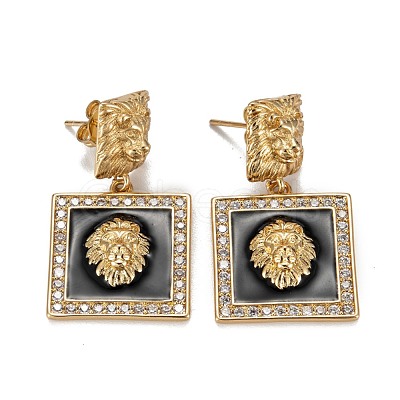 Square with Lion Sparkling Cubic Zirconia Dangle Stud Earrings for Girl Women EJEW-H126-03G-1